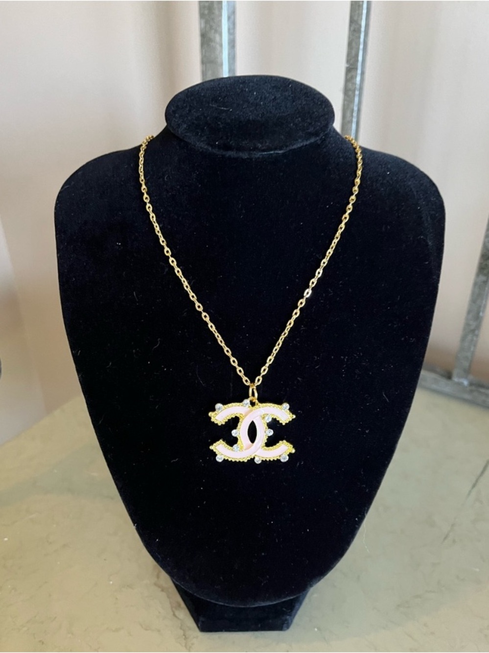 Gold Tone Double-C Logo Pendant Necklace - pink/white enamel w/gold tone chain